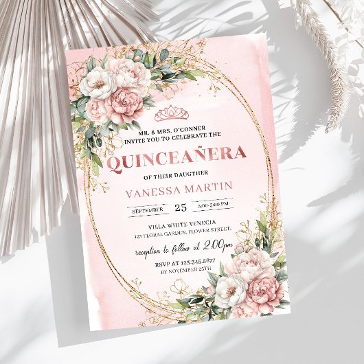 Dusty Pink Floral Eucalyptus Quinceañera Birthday  Einladung