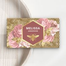 Dusty Pink Floral Gold Foil Honeycomb Honey Bee