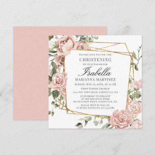 Dusty Pink Floral Gold Geometric Frame Christening Einladung (Vorne/Hinten)