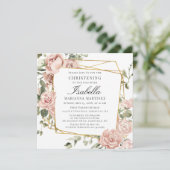 Dusty Pink Floral Gold Geometric Frame Christening Einladung (Stehend Vorderseite)