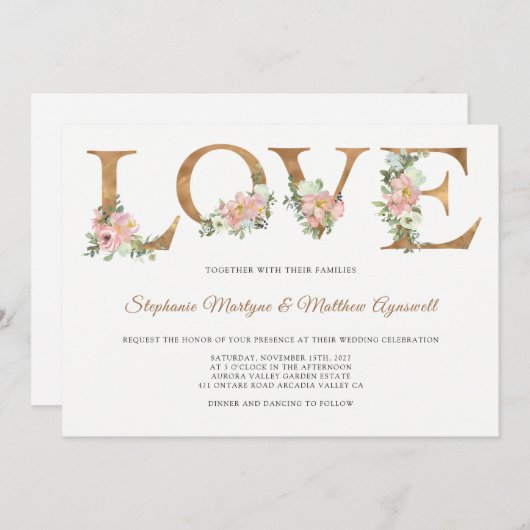 Dusty Pink Floral Gold Liebe Botanische Hochzeit Einladung (Vorne/Hinten)