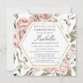 Dusty Pink Floral Gold Rahmen Christening Einladung (Vorderseite)