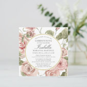 Dusty Pink Floral Gold Round Frame Christening Einladung (Stehend Vorderseite)