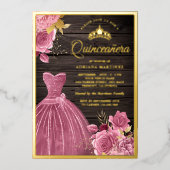 Dusty Pink Floral Gown Barn Holz Quinceanera Gold Folieneinladung (Vorderseite)