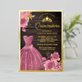 Dusty Pink Floral Gown Barn Holz Quinceanera Gold Folieneinladung (Stehend vorne)
