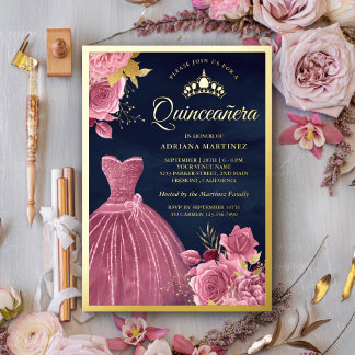 Dusty Pink Floral Gown Navy Blue Quinceanera Gold Folieneinladung