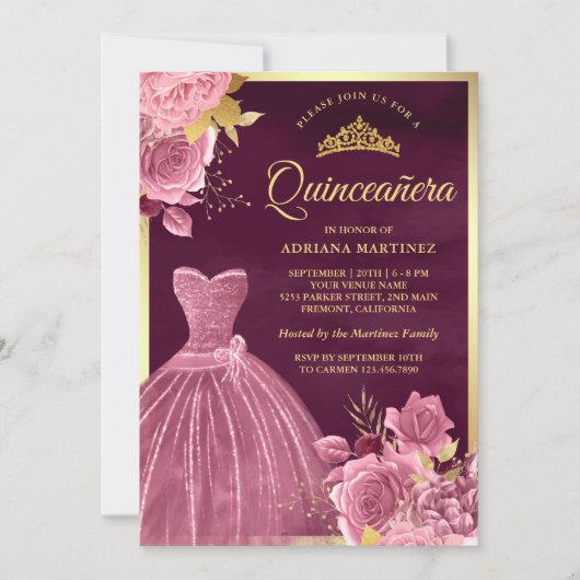 Dusty Pink Floral Gown Plum Gold Quinceanera Einladung (Vorderseite)