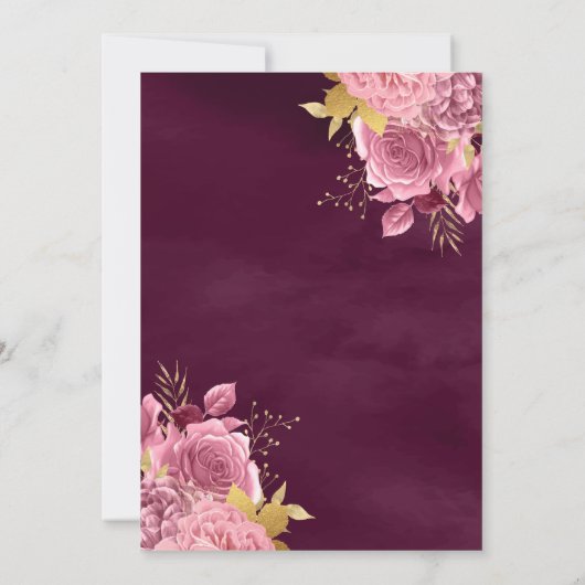 Dusty Pink Floral Gown Plum Gold Quinceanera Einladung (Rückseite)