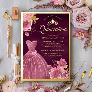 Dusty Pink Floral Gown Plum Quinceanera Gold Folieneinladung