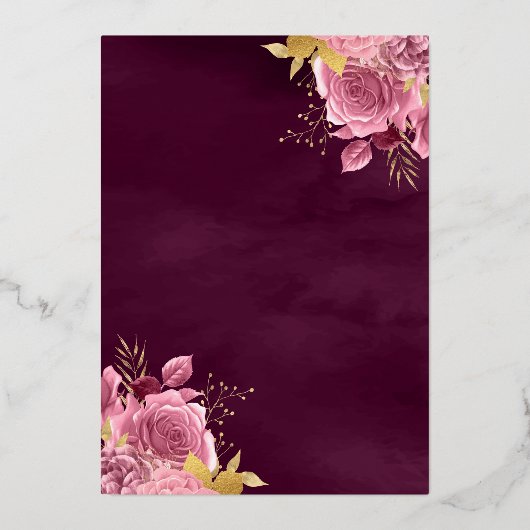 Dusty Pink Floral Gown Plum Quinceanera Gold Folieneinladung (Rückseite)