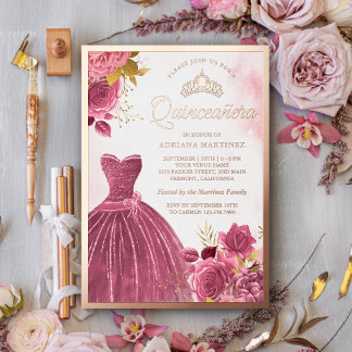 Dusty Pink Floral Gown Quinceanera Rose Gold Folieneinladung
