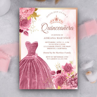 Dusty Pink Floral Gown Rose Gold Quinceanera Einladung