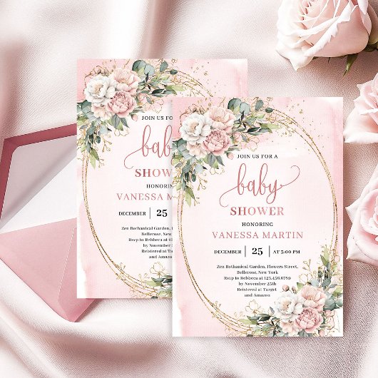 Dusty Pink Floral Greenery Baby Girl Shower Invite Einladung