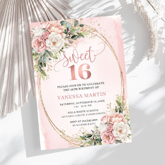 Dusty Pink Floral Greenery Sweet Sixteen Invites Einladung