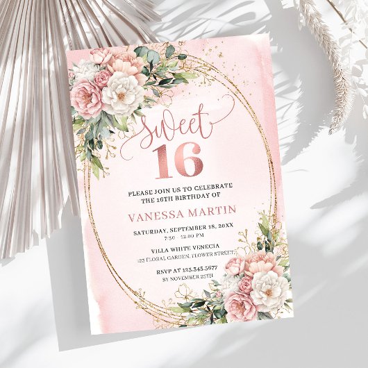 Dusty Pink Floral Greenery Sweet Sixteen Invites Einladung