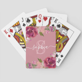 Dusty Pink Floral Mit Monogramm Skriptname Spielkarten