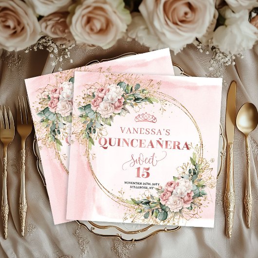 Dusty Pink Floral Napkins for Elegant Quinceañera Serviette