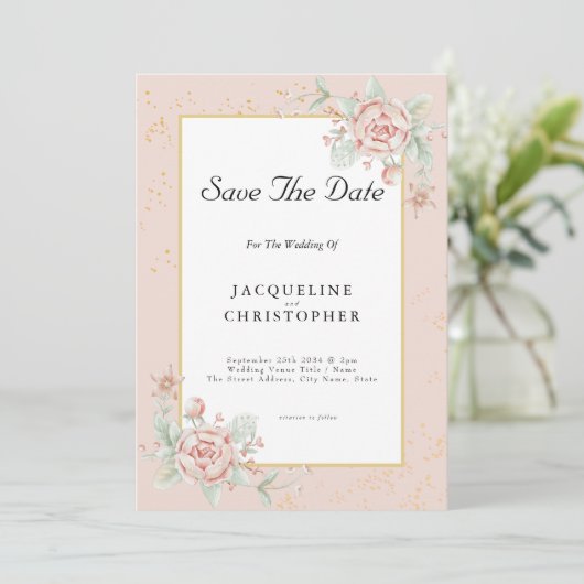 Dusty Pink Floral Peony Save the Date Hochzeit Einladung (Stehend Vorderseite)