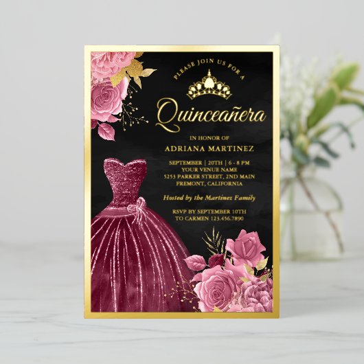 Dusty Pink Floral Pflaume Gown Black Quinceanera G Folieneinladung (Stehend vorne)