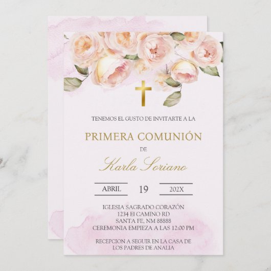 Dusty pink floral Spanisch erste Kommune Einladung (Vorne/Hinten)