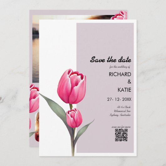 Dusty pink floral stylischer Qr-Code Save the Date Einladung (Vorne/Hinten)