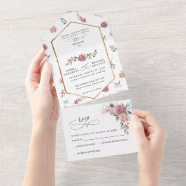 Dusty Pink Floral Wedding All In One Einladung