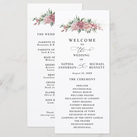 Dusty Pink Floral Wedding Program Programm (Vorne/Hinten)