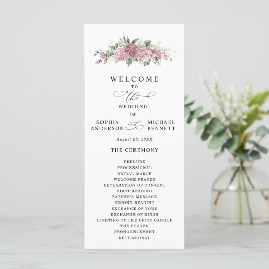 Dusty Pink Floral Wedding Program Programm (Stehend Vorderseite)