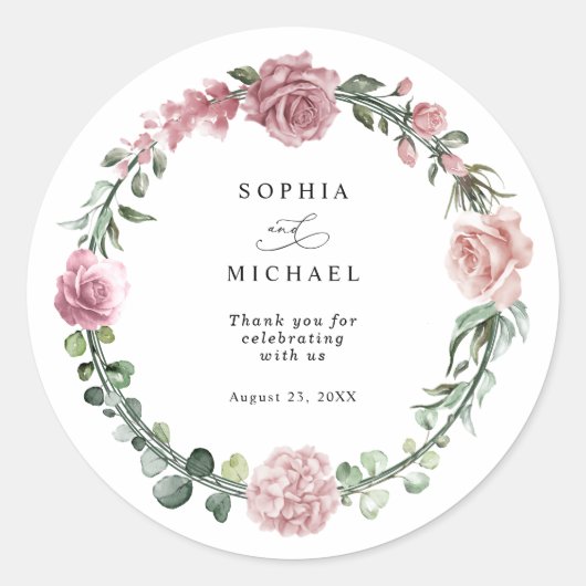 Dusty Pink Floral Wedding Runder Aufkleber (Vorderseite)
