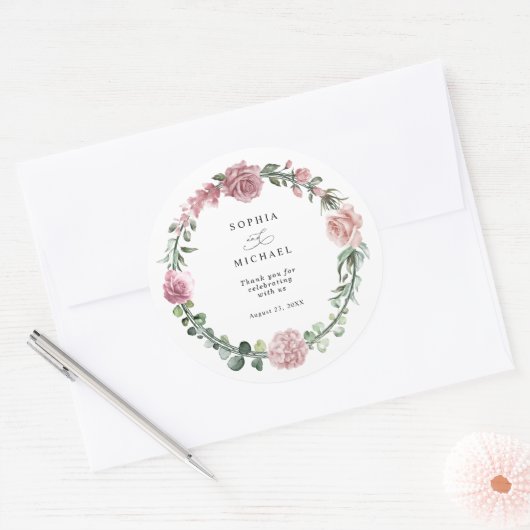 Dusty Pink Floral Wedding Runder Aufkleber (Umschlag)