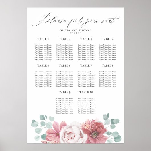 Dusty Pink Floral Wedding Seating Chart Poster (Vorne)