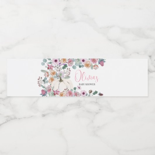 Dusty Pink Floral White Pumpkin Baby Dusche Wasserflaschenetikett (Einzelnes Label)