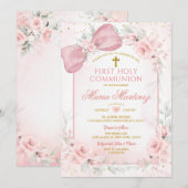 Dusty Pink Flowers Bow Girl First Holy Communion Einladung (Vorne/Hinten)