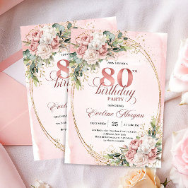 Dusty Pink Flowers Eucalyptus Gold 80th Birthday  Einladung