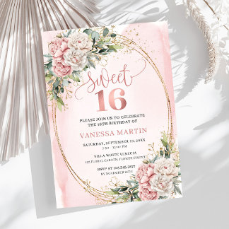Dusty Pink Flowers Eucalyptus Sweet 16 Invitation Einladung