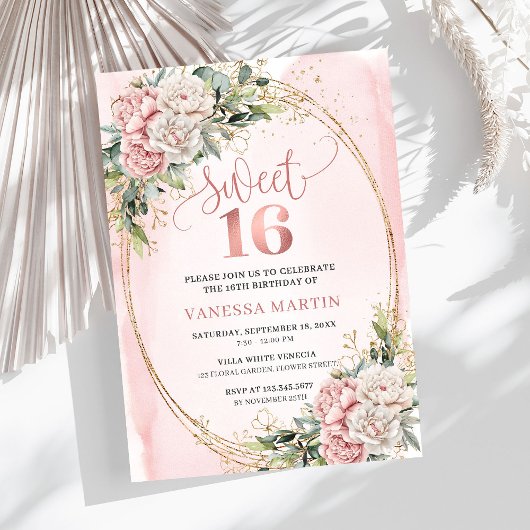 Dusty Pink Flowers Eucalyptus Sweet 16 Invitation Einladung