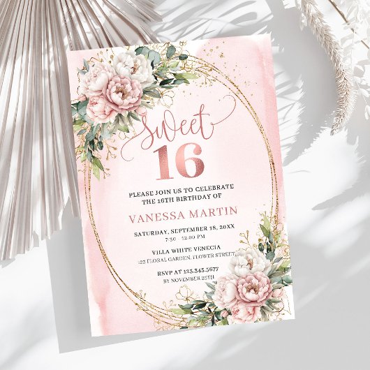 Dusty Pink Flowers Eucalyptus Sweet 16 Invitation Einladung