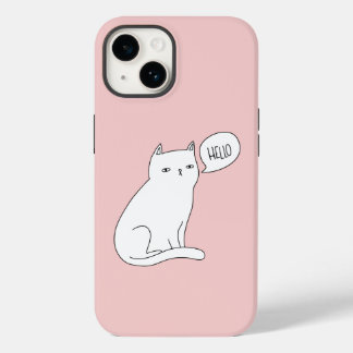 Dusty Pink Funny White Cat Zeichn Hallo Case-Mate iPhone 14 Hülle