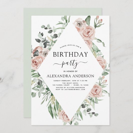 Dusty Pink Geburtstagsparty Blumengrün Einladung (Vorne/Hinten)