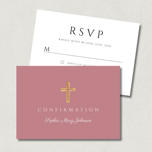 Dusty Pink Girl Religious Cross Confirmation RSVP Karte