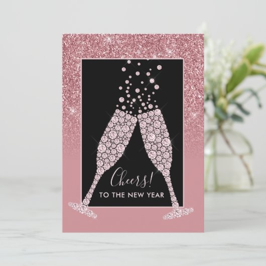 Dusty Pink Glitzer Champagne Toast New Year Card (Stehend Vorderseite)