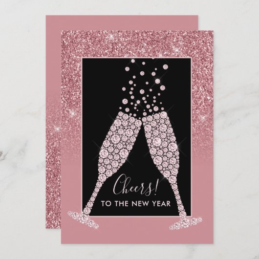 Dusty Pink Glitzer Champagne Toast New Year Card (Vorne/Hinten)
