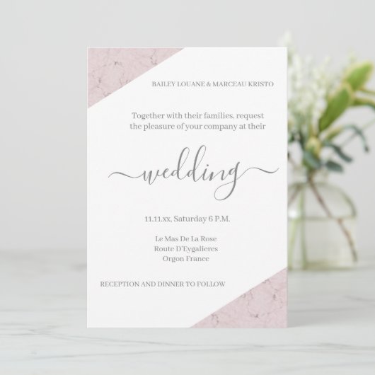 Dusty Pink Gray and White Marble Elegante Hochzeit Einladung (Stehend Vorderseite)
