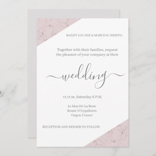 Dusty Pink Gray and White Marble Elegante Hochzeit Einladung (Vorne/Hinten)