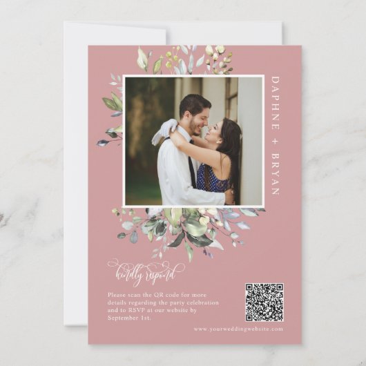 Dusty Pink Greenery glücklich immer nach dem Party Einladung (Rückseite)