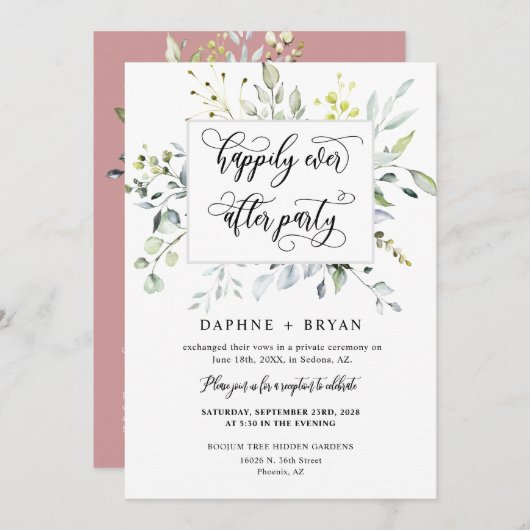 Dusty Pink Greenery glücklich immer nach dem Party Einladung (Vorne/Hinten)