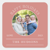 Dusty Pink Happy Holidays Circle Foto Quadratischer Aufkleber (Vorderseite)