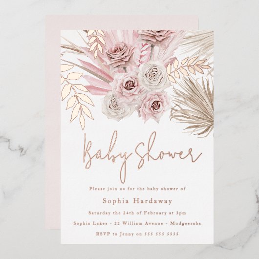 Dusty Pink Ivory Boho Baby Dusche Rose Gold Folieneinladung (Vorderseite/Rückseite)