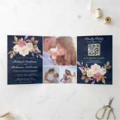 Dusty Pink Ivory Floral Navy Blue QR Code Hochzeit Dreifach Gefaltete Einladung (Innenseite)