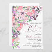 Dusty Pink Lila Wildblume 100. Geburtstag Einladung (Vorne/Hinten)